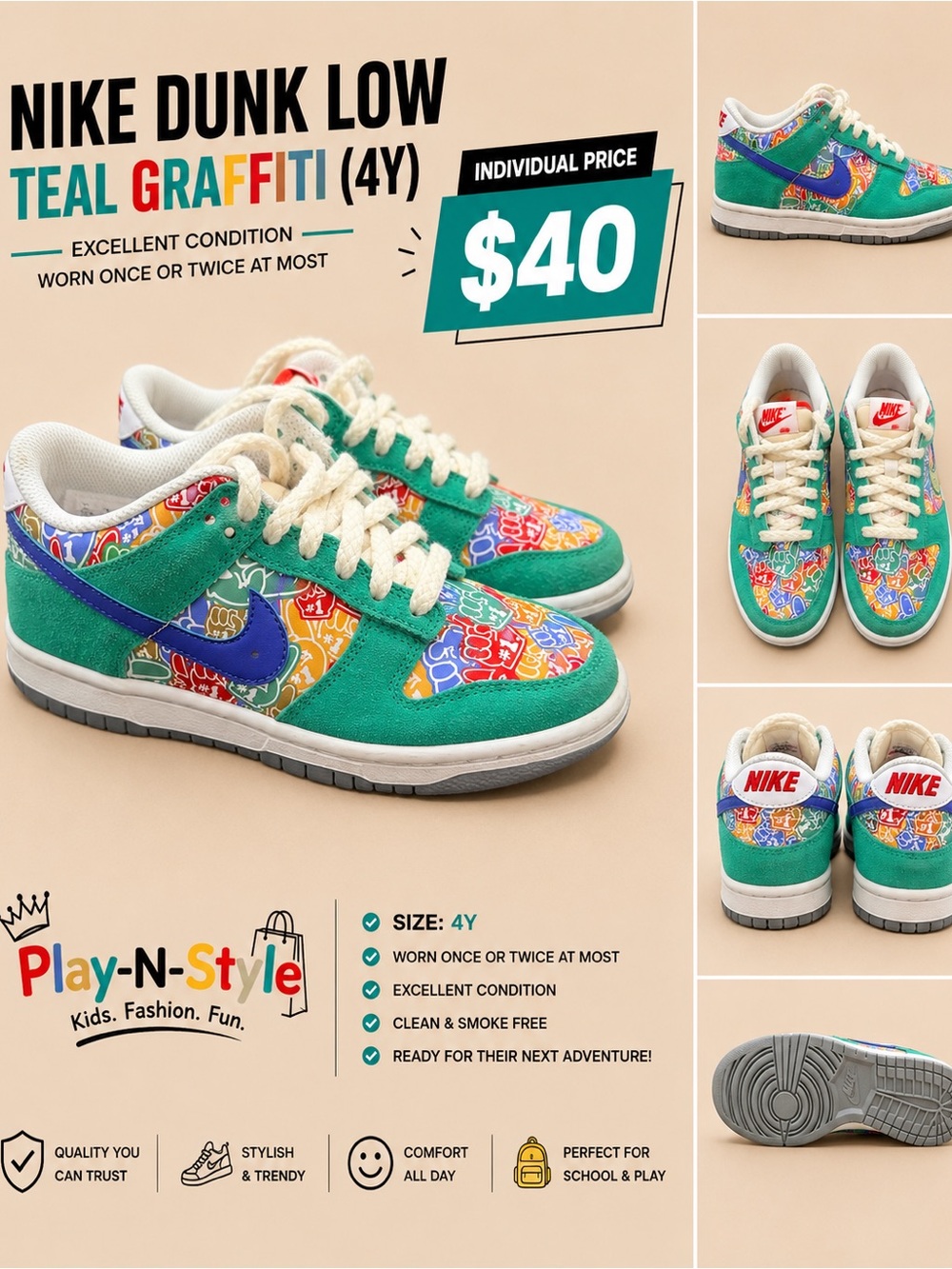 Nike Kids Dunk Low Teal with Multicolor Graffiti Accents